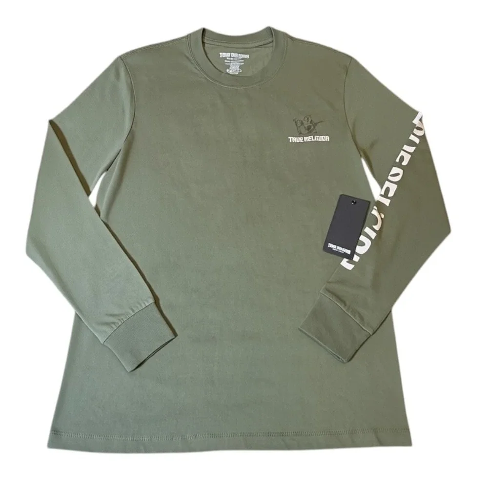 True Religion Long Sleeve T Shirt Mens Medium Green New Buddha Graphic Cotton‎